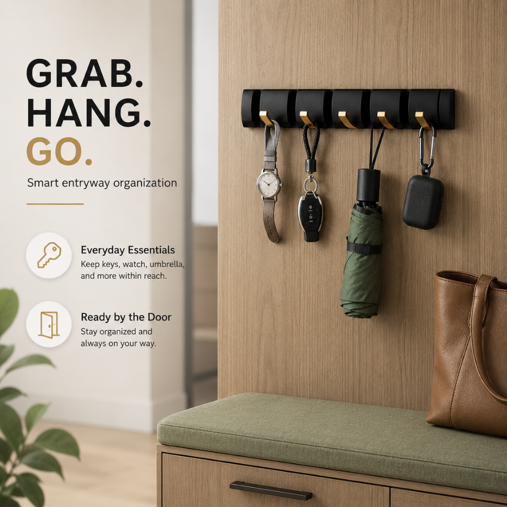 Klappbare Wandgarderobe aus Edelstahl 5 Haken Schwarz Gold für Flur Bad Küche und Eingang