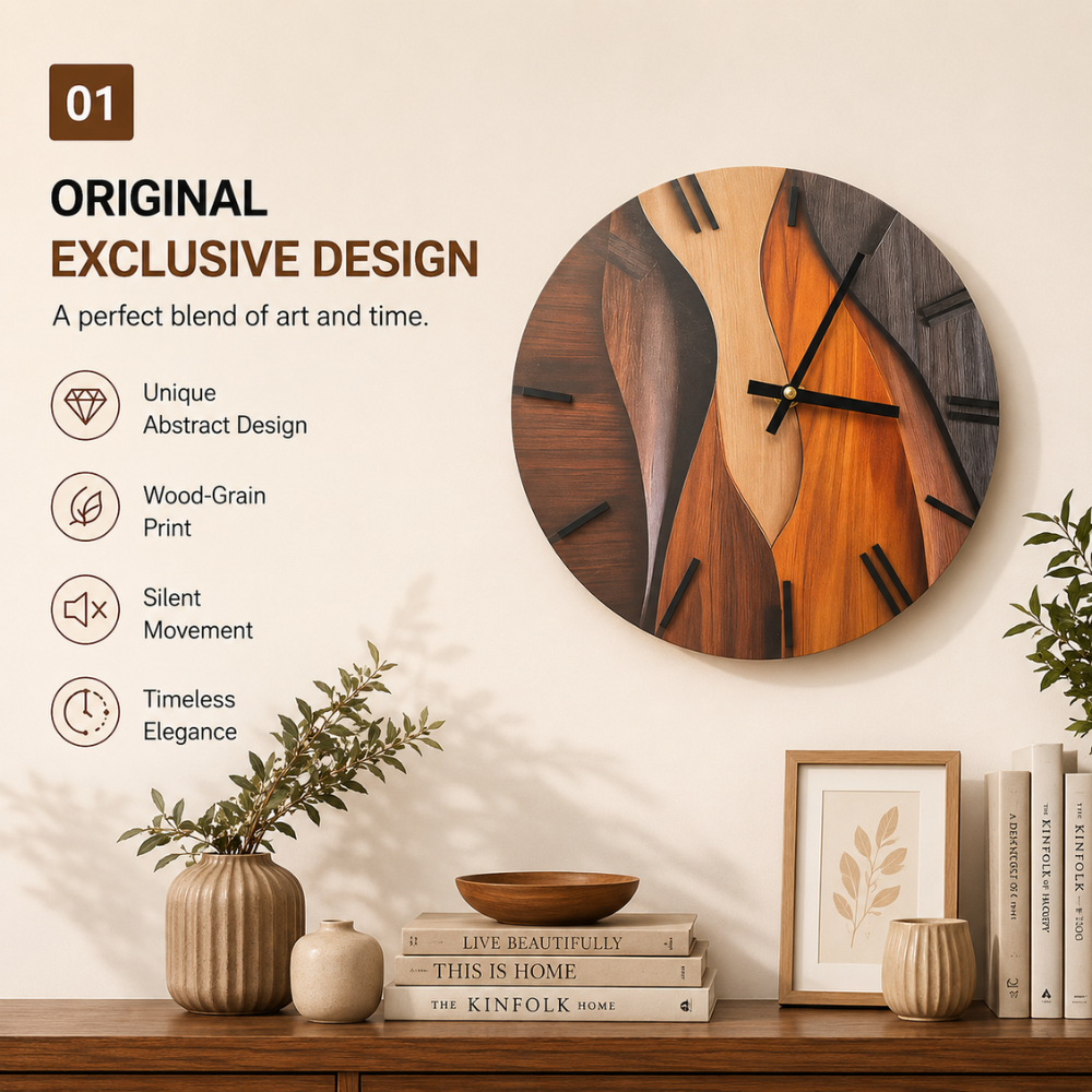 Moderne Wanduhr 30 cm in Holzoptik | Runde Designer-Uhr mit Wellenmuster und leisem Uhrwerk