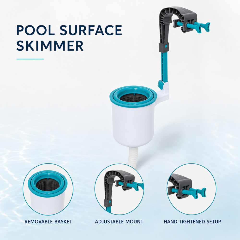 Pool-Oberflächenskimmer für Aufstellpools | Wandmontierter Skimmer mit Schlauch, verstellbarer Halterung und herausnehmbarem Filterkorb