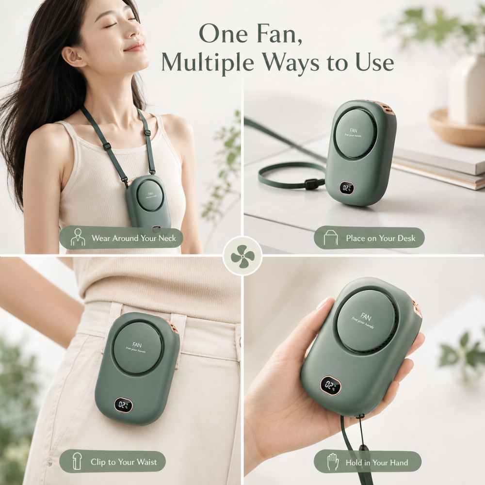 Tragbarer Halsventilator mit Display – USB-aufladbarer Mini-Ventilator mit 3 Geschwindigkeitsstufen und Trageband für Reisen & Outdoor