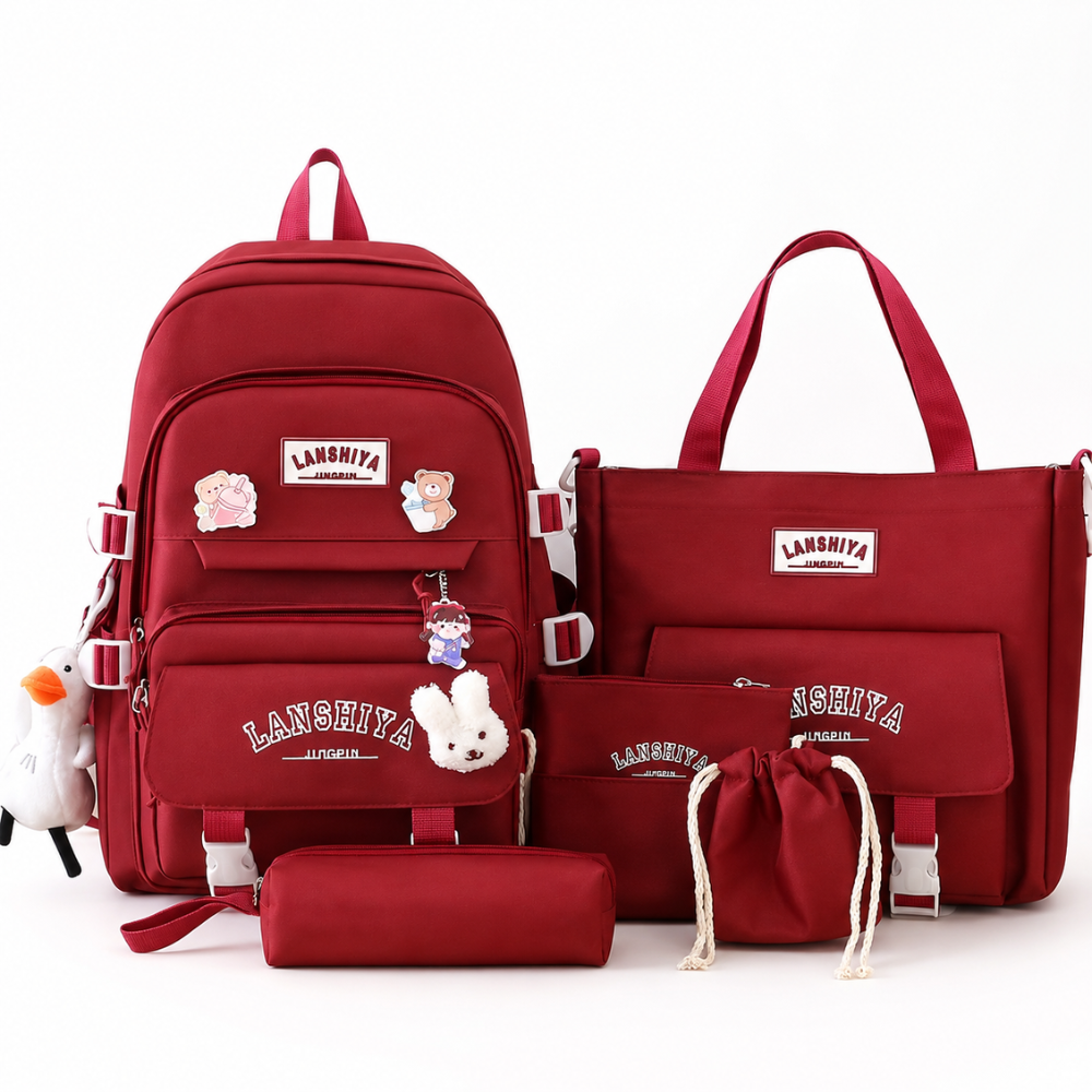 Teenager-Schulrucksack-Set 5-teilig 40 × 30 × 13 cm – Großer Studentenrucksack mit Tragetasche, Mäppchen & Beuteln für Schule, Freizeit & Alltag