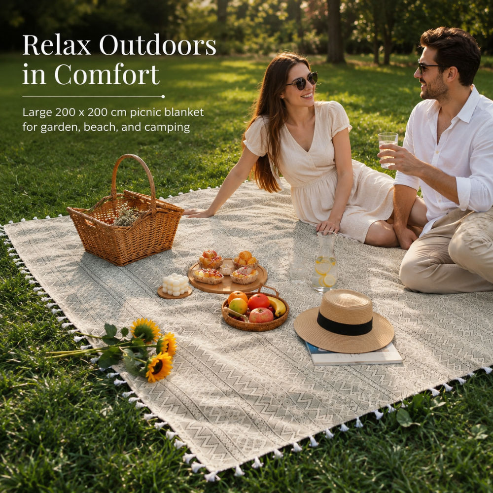 Boho Picknickdecke Beige mit Fransen – waschbare Decke bis XXL für Picknick, Strand, Garten & Esstisch