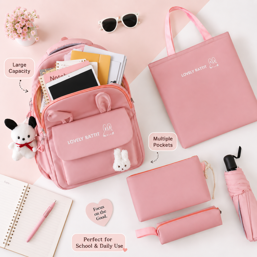 Schulrucksack-Set 4-teilig mit Hasenohren – Großer Nylon-Rucksack mit Tragetasche, Beutel & Mäppchen für Schule & Freizeit
