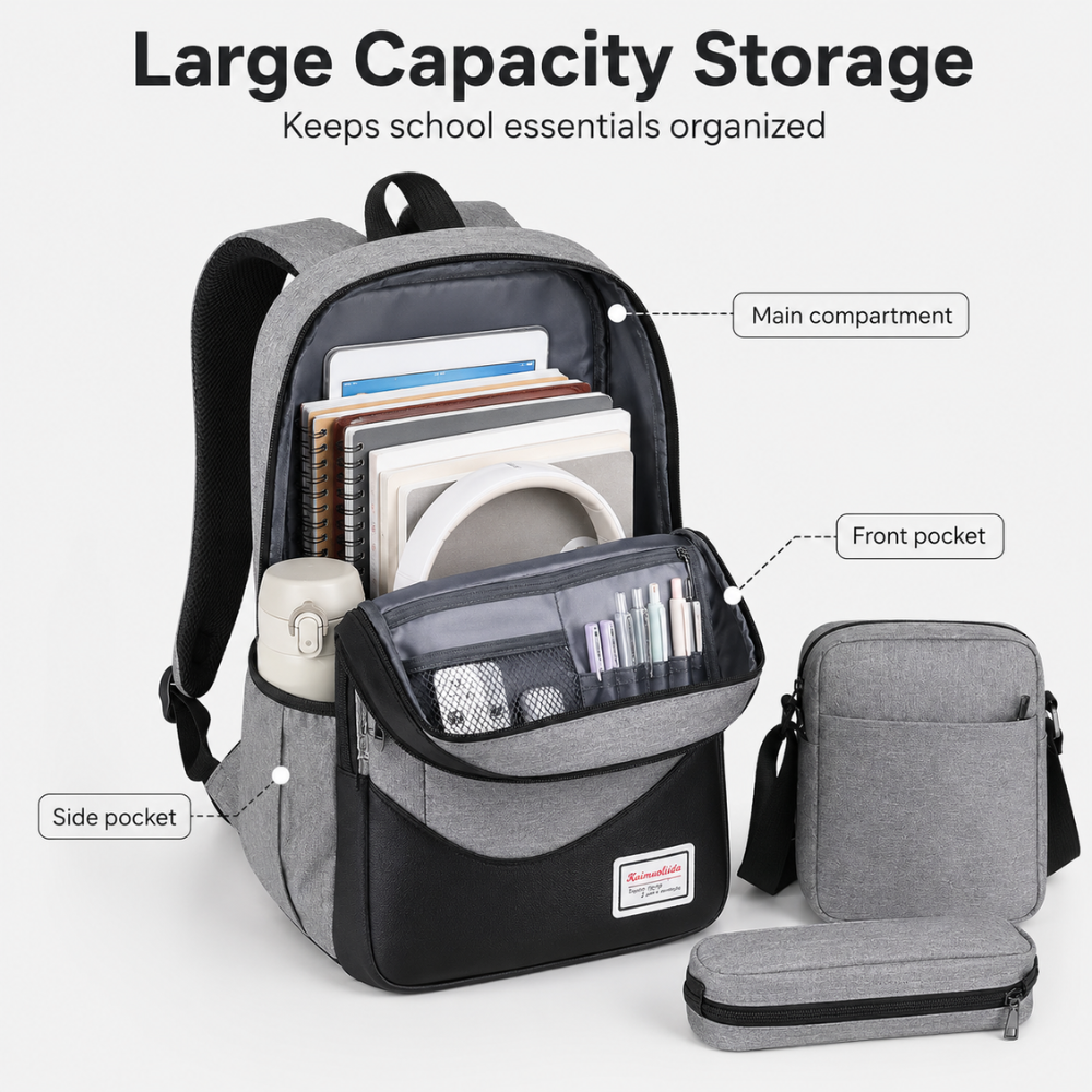 3-teiliges Schulrucksack-Set mit USB-Anschluss – Wasserabweisender Rucksack mit Umhängetasche & Etui für Schule, Uni & Reisen