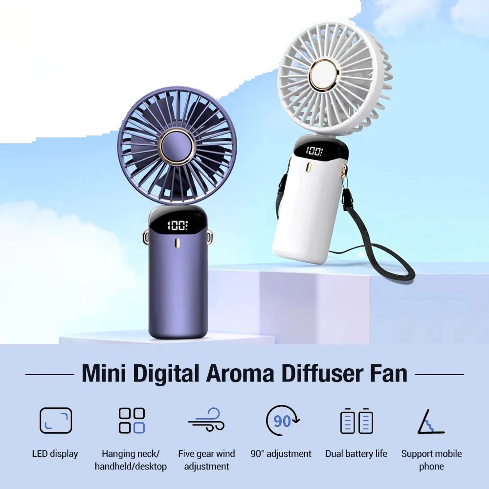 Kompakter USB-Handventilator – tragbarer Mini-Ventilator mit LED-Anzeige, 5 Geschwindigkeitsstufen und klappbarem Design
