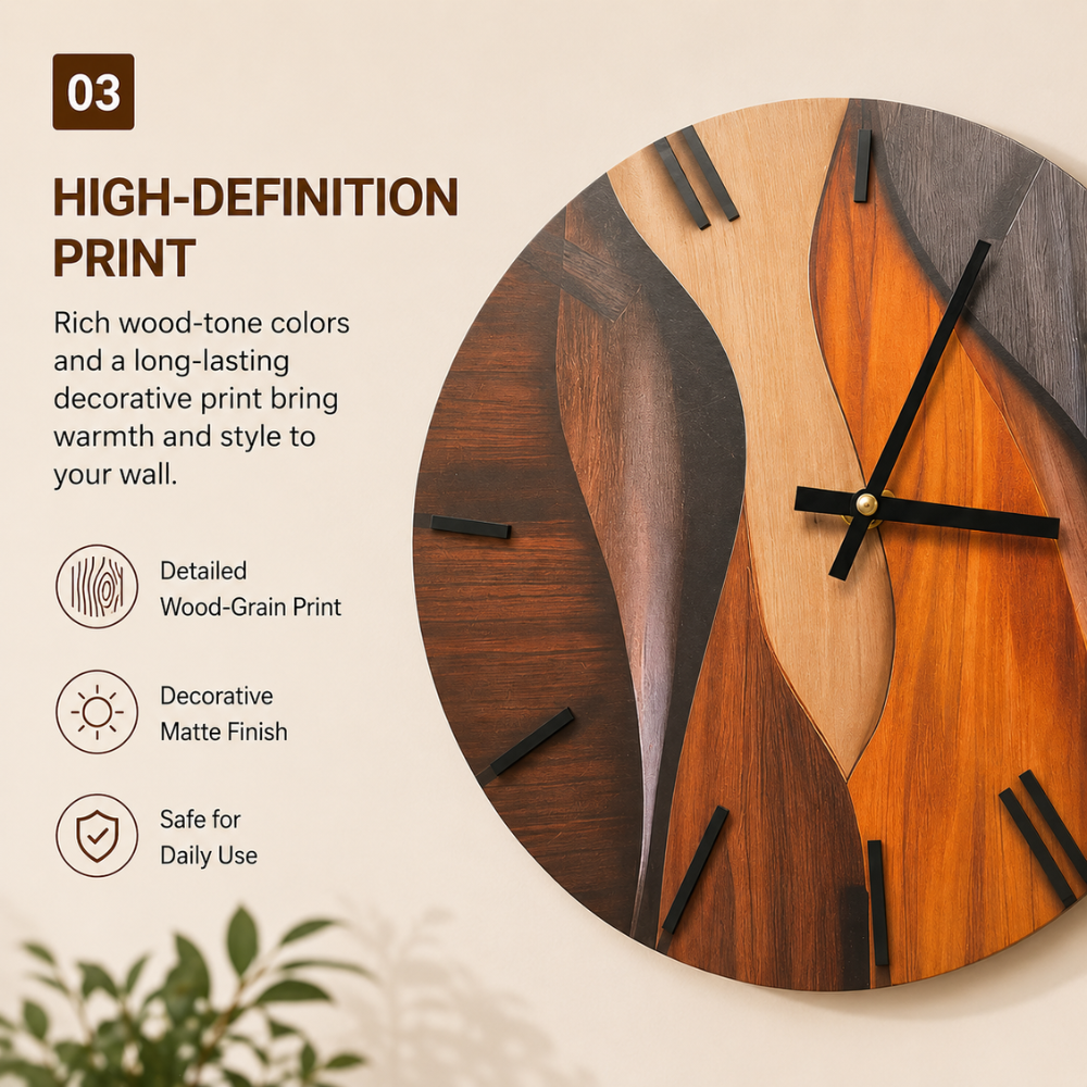 Moderne Wanduhr 30 cm in Holzoptik | Runde Designer-Uhr mit Wellenmuster und leisem Uhrwerk