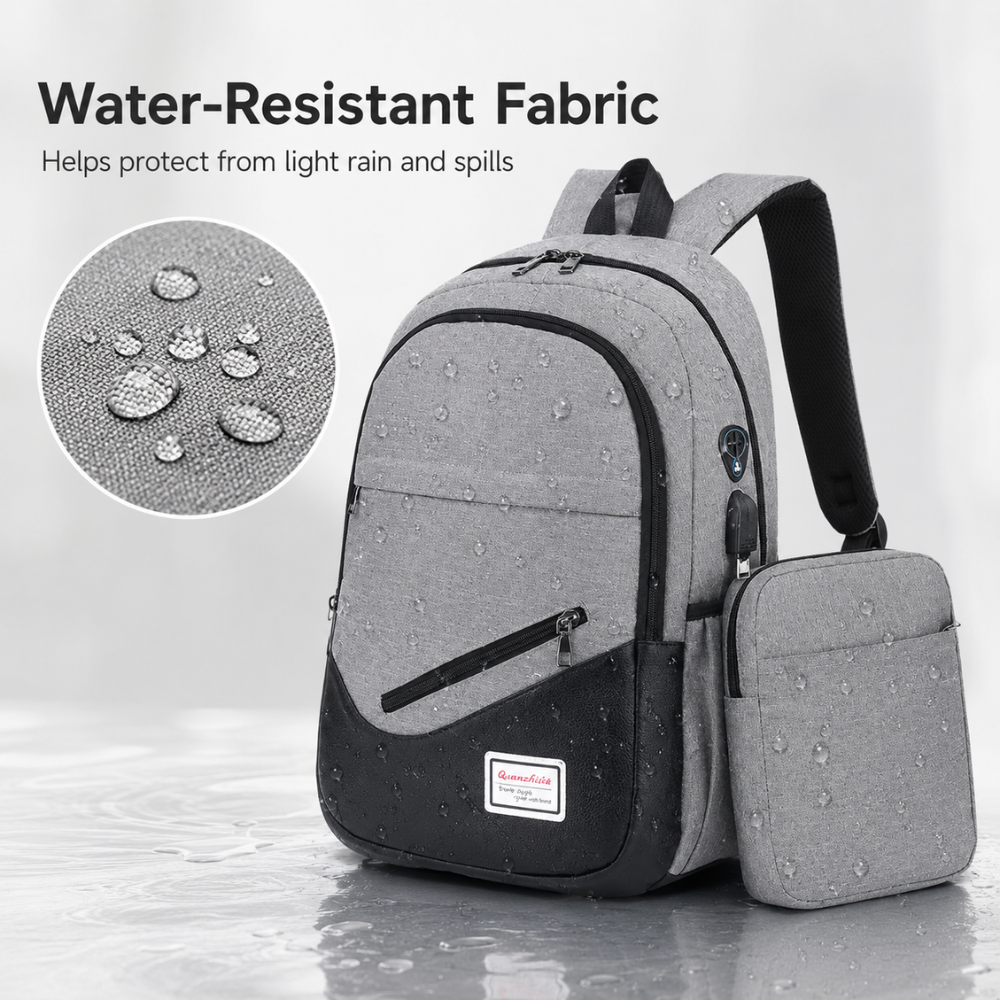 3-teiliges Schulrucksack-Set mit USB-Anschluss – Wasserabweisender Rucksack mit Umhängetasche & Etui für Schule, Uni & Reisen