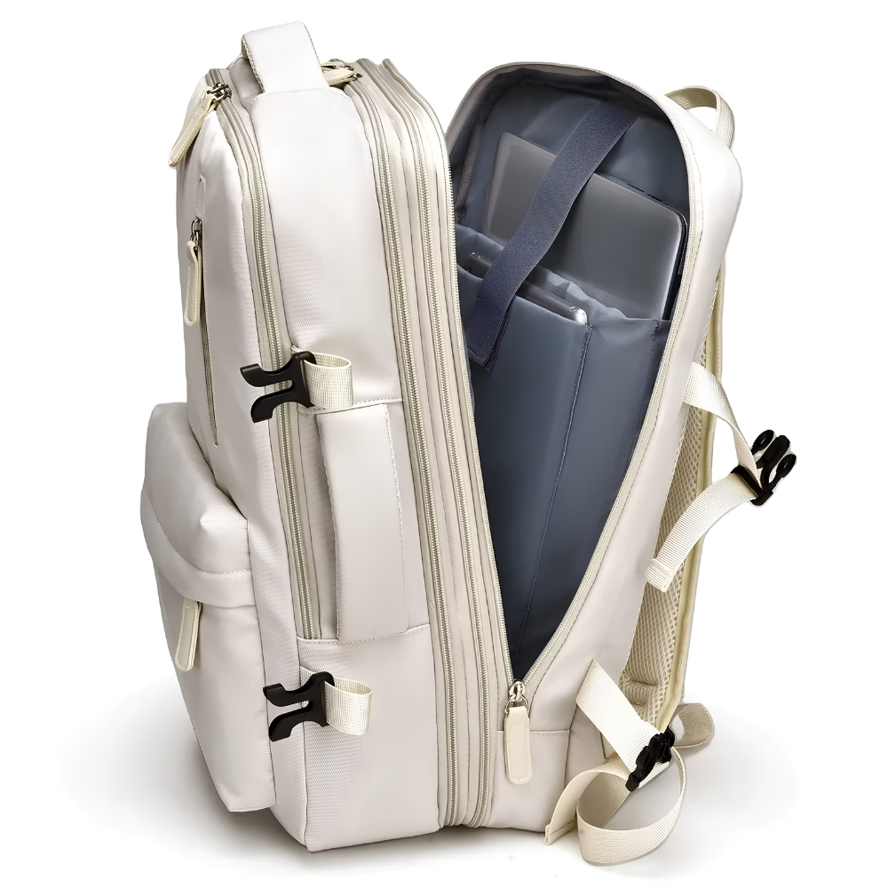 Erweiterbarer Handgepäck-Rucksack 46 × 30 × 16–26 cm – Wasserabweisender Laptop-Reiserucksack mit vielen Fächern