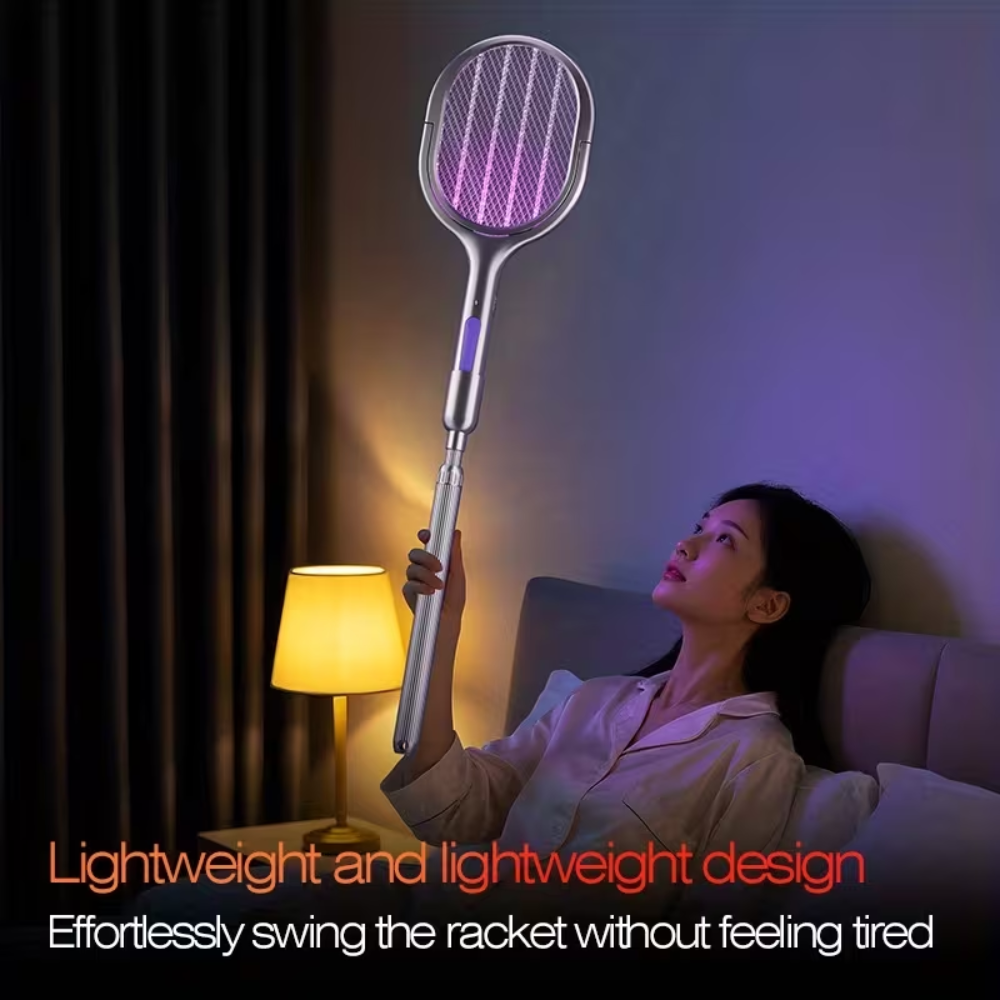 Elektrische Mückenklatsche 2-in-1 – Wiederaufladbarer Insektenvernichter mit UV-Licht, Teleskopstange & USB-Ladung