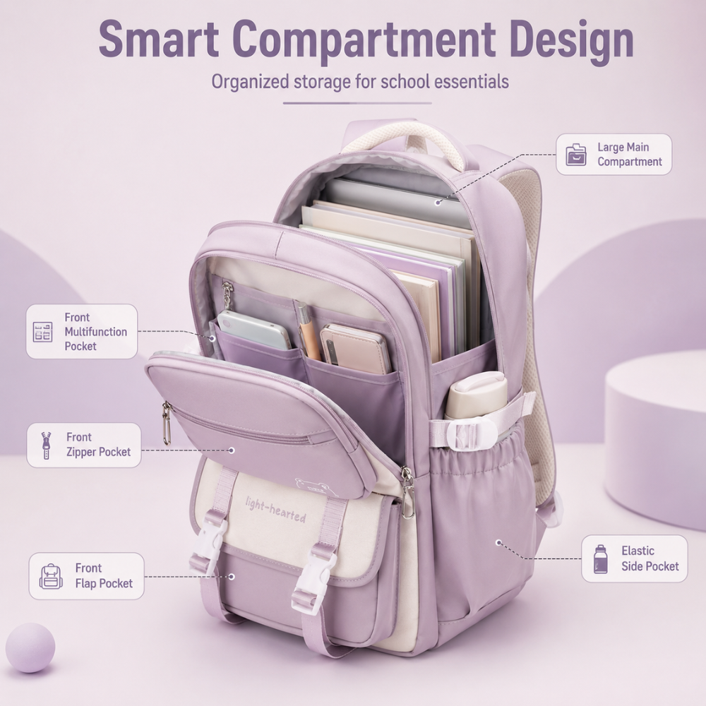 Kawaii Schulrucksack mit mehreren Fächern & Mini-Tasche – Leichter großer Rucksack für Schule, Uni & Reisen