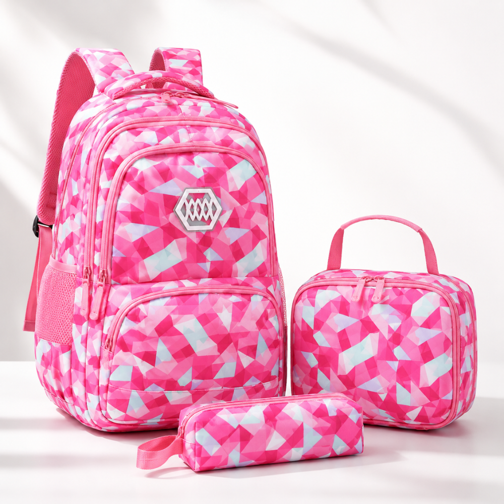 3-teiliges Schulrucksack-Set mit geometrischem Muster – Wasserabweisender Rucksack mit Laptopfach, Lunch-Tasche & Etui