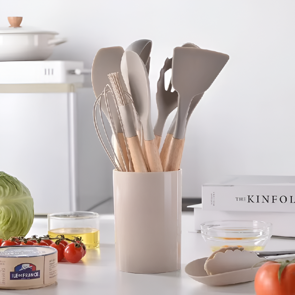 Küchenutensilien Set 12-teilig – Silikon & Holz, Antihaft, Hitzebeständig mit Aufbewahrungsbox