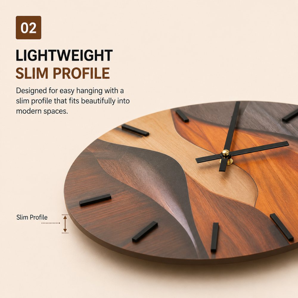 Moderne Wanduhr 30 cm in Holzoptik | Runde Designer-Uhr mit Wellenmuster und leisem Uhrwerk
