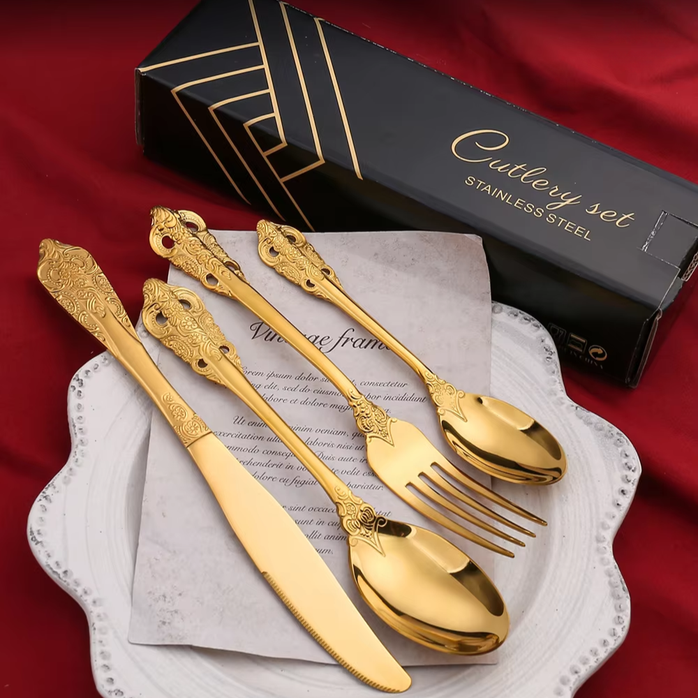 Elegantes Edelstahl Besteckset in Goldoptik - 24-teiliges Menübesteck mit prunkvollem Griff