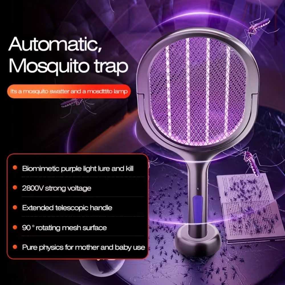 Elektrische Mückenklatsche 2-in-1 – Wiederaufladbarer Insektenvernichter mit UV-Licht, Teleskopstange & USB-Ladung