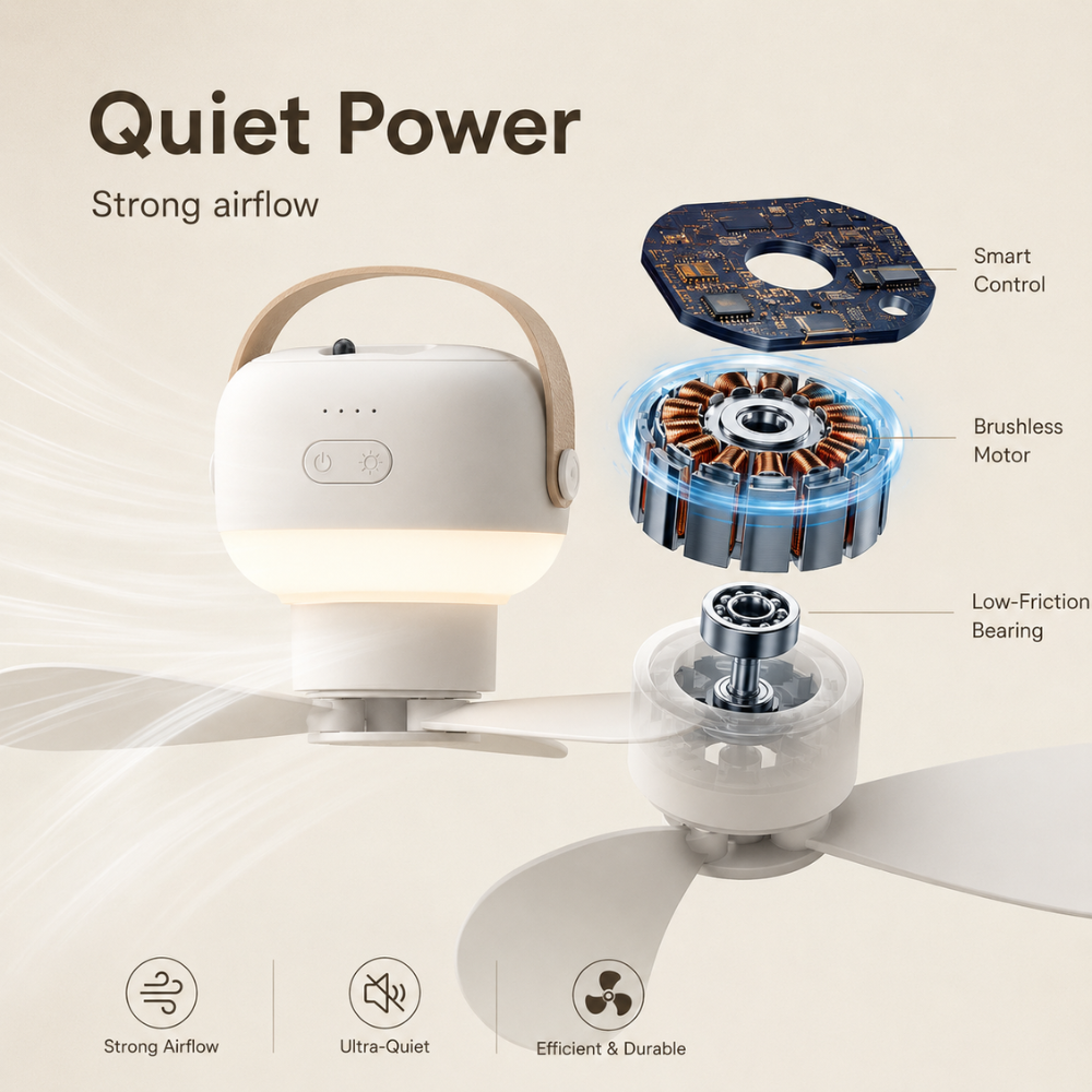 Tragbarer Camping Ventilator mit LED Licht Fernbedienung USB Akku Zelt Deckenventilator Weiß