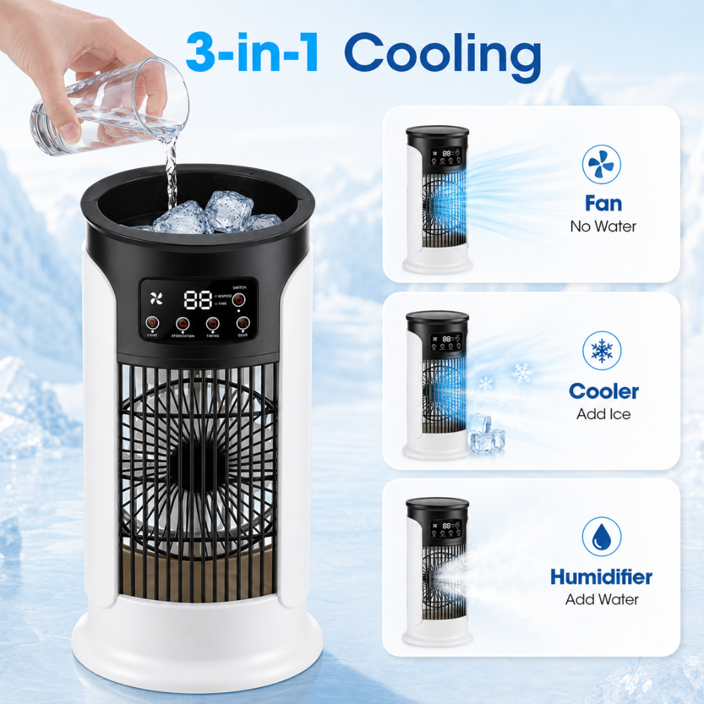 Mobiler Luftkühler 3 in 1 mit Sprühnebel USB Tischventilator LED Anzeige Timer für Büro Schlafzimmer