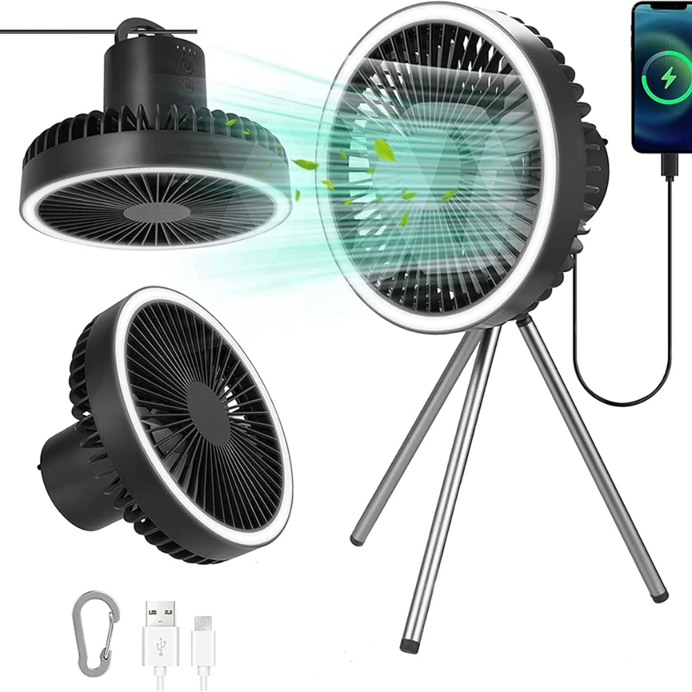 Camping Ventilator mit LED Licht USB Akku Powerbank Hängend oder mit Stativ für Zelt Outdoor