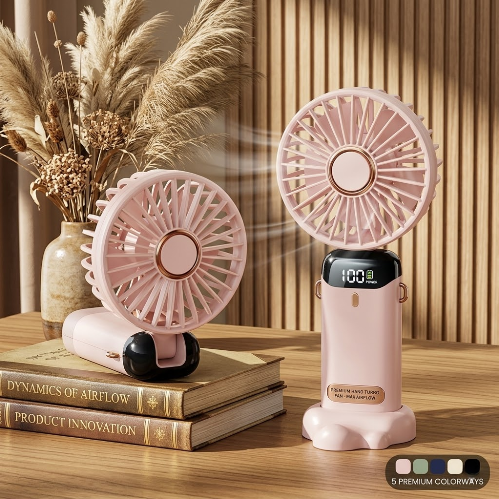 Kompakter USB-Handventilator – tragbarer Mini-Ventilator mit LED-Anzeige, 5 Geschwindigkeitsstufen und klappbarem Design