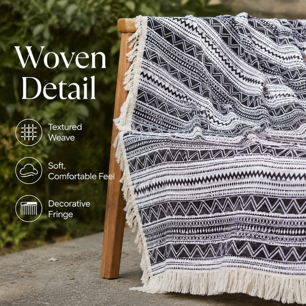 Boho Picknickdecke Outdoor Gewebte Stranddecke Schwarz Weiß mit Streifenmuster für Camping Garten Reise