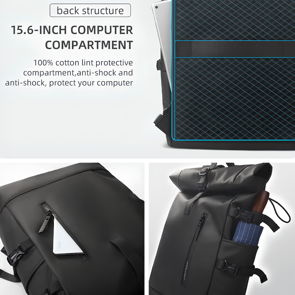 Wasserdichter Roll-Top Reiserucksack für Herren - Großer 15,6” Laptop Rucksack mit USB-Anschluß