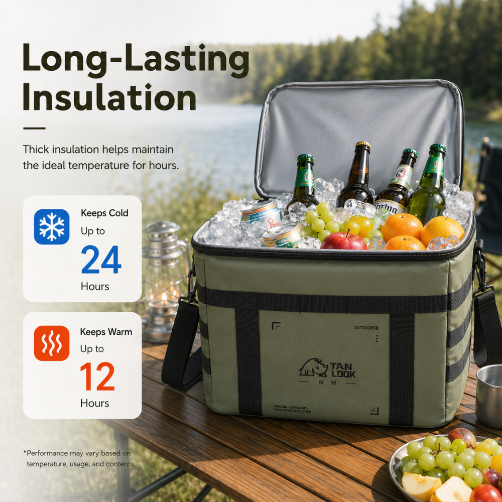Camping Isoliertasche 36L aus Oxford-Stoff mit PVC-Beschichtung | Große Kühltasche mit Schultergurt, Seitenfach und MOLLE-Schlaufen