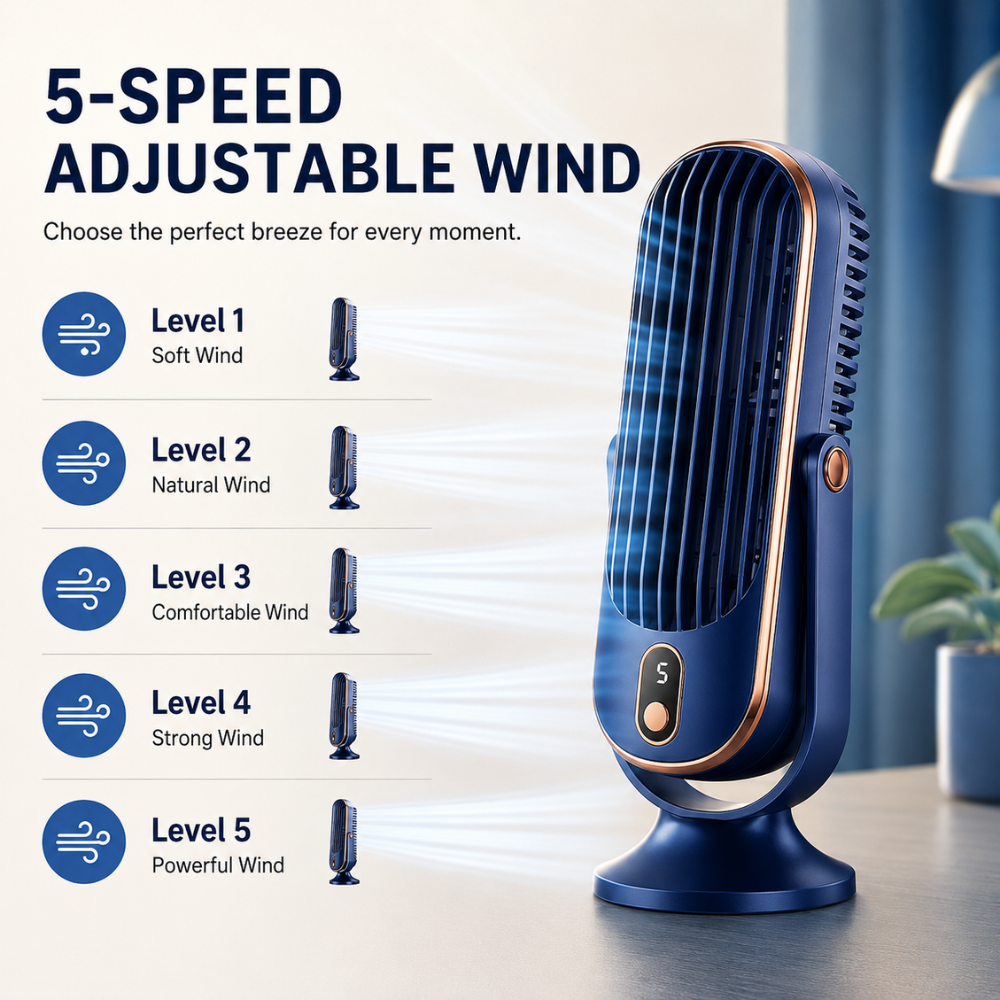Leiser USB Tischventilator mit Akku 5 Geschwindigkeiten LED Anzeige 720 Grad Verstellbar