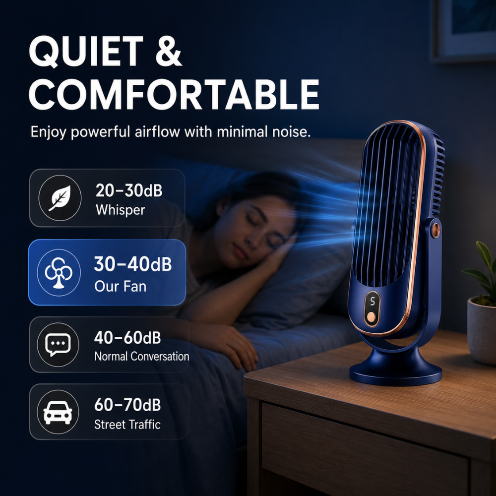 Leiser USB Tischventilator mit Akku 5 Geschwindigkeiten LED Anzeige 720 Grad Verstellbar