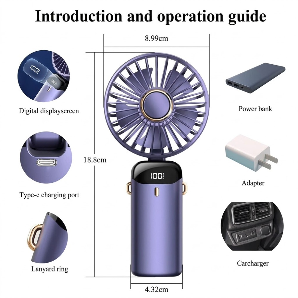 Kompakter USB-Handventilator – tragbarer Mini-Ventilator mit LED-Anzeige, 5 Geschwindigkeitsstufen und klappbarem Design