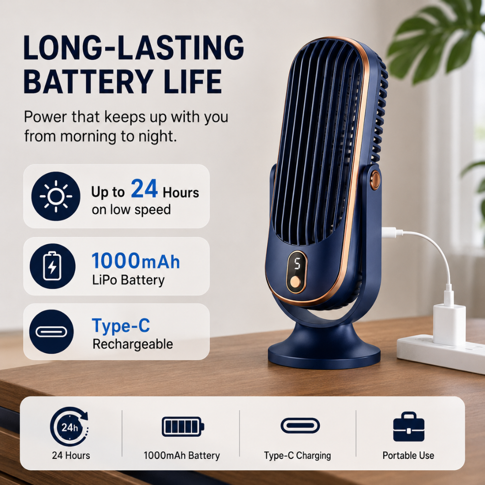 Leiser USB Tischventilator mit Akku 5 Geschwindigkeiten LED Anzeige 720 Grad Verstellbar