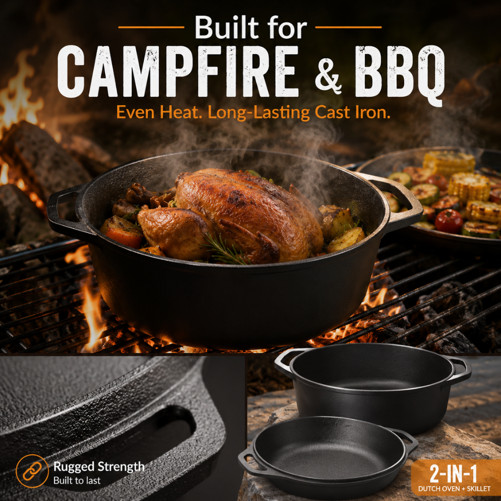 Gusseisen Dutch Oven 26/28 cm – 2-in-1 Schmortopf mit Pfannendeckel für Brot, Braten, Backen & Camping