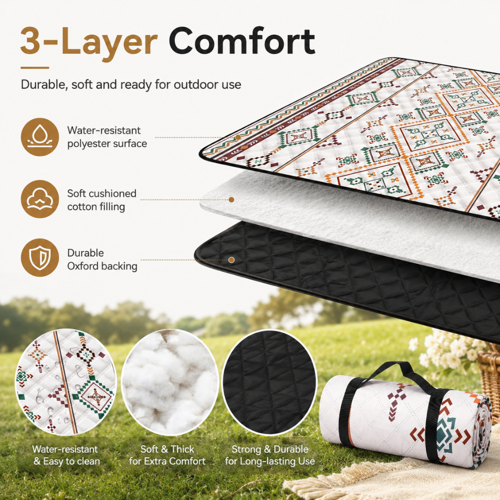 Picknickdecke 200 x 200 cm Outdoor Campingdecke aus Polyester Faltbare Stranddecke mit Tragegriff für Garten Strand