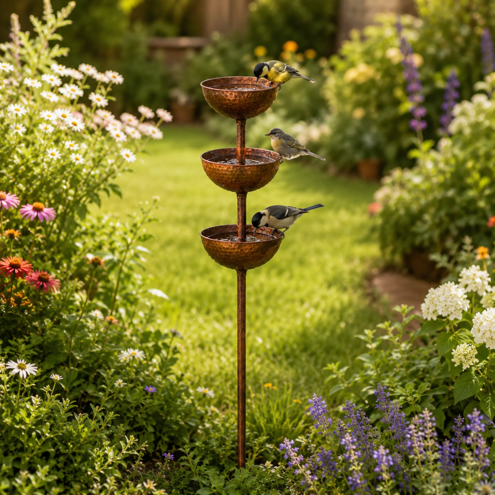 Vogeltränke Garten | 3-stufiges Vogelbad aus Eisen mit dekorativen Wasserschalen für Terrasse, Balkon und Außenbereich