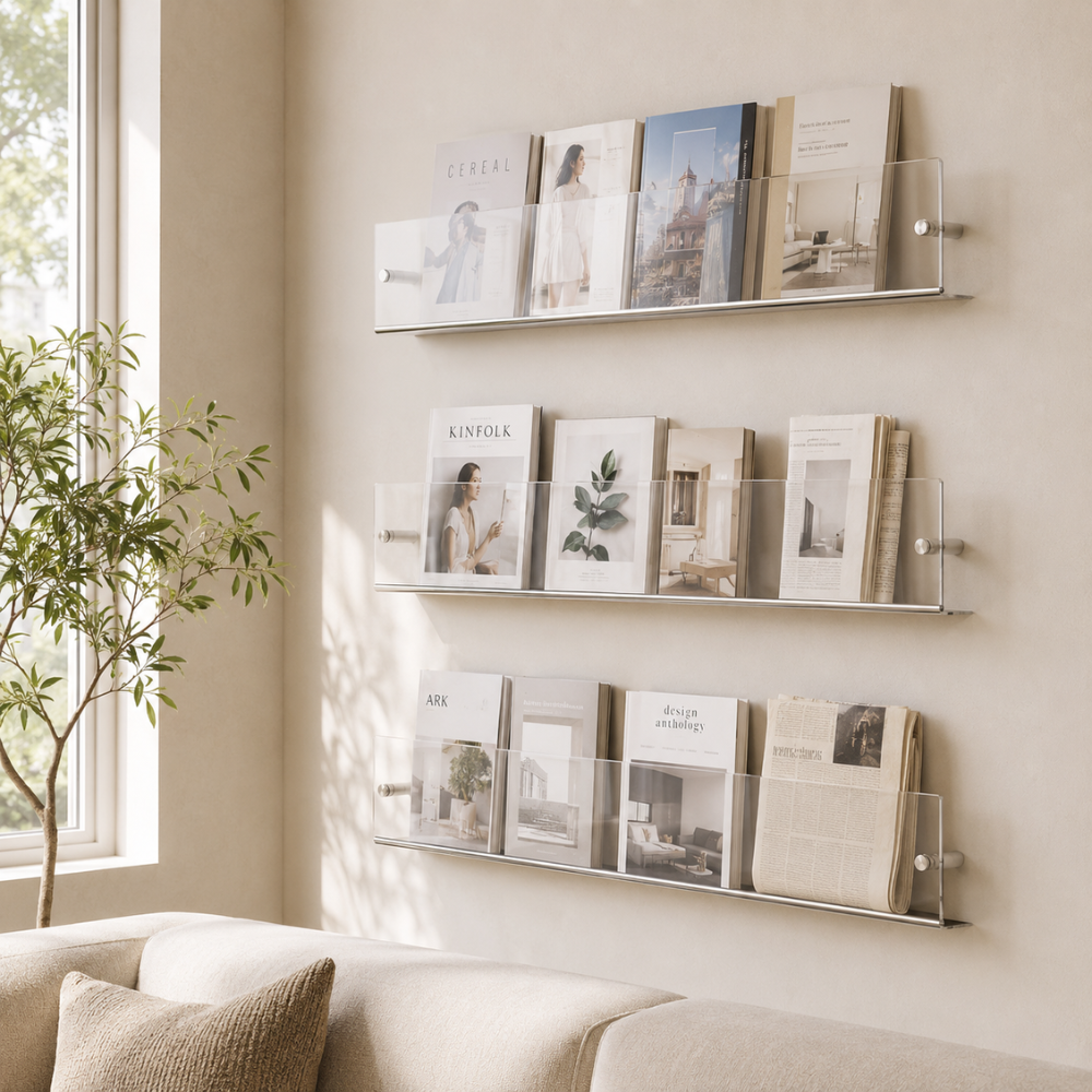 Transparentes Wandregal aus Kunststoff Wandmontierter Prospekthalter für Bücher Zeitschriften Magazine Büro Zuhause