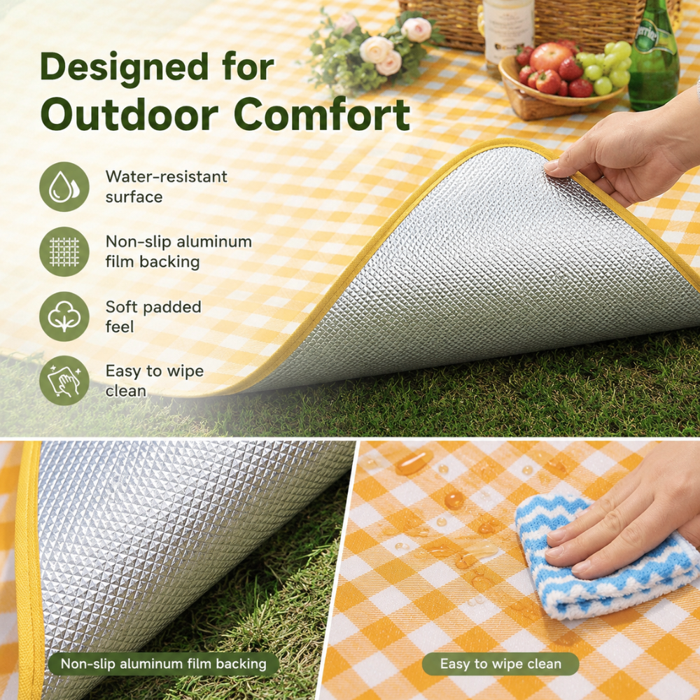 Gelb-weiße wasserdichte Picknickdecke, faltbare Outdoor Campingmatte mit isolierender Unterseite