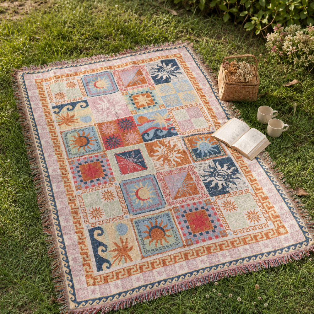 Bunte Boho Picknickdecke mit Fransen | Waschbare Polyester Outdoor-Decke für Camping, Strand, Sofa und Garten