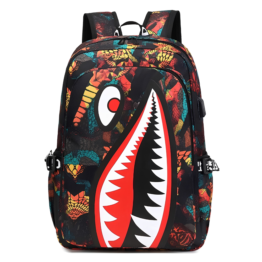 Kinder-Schulrucksack mit Hai-Motiv & USB-Anschluss – Wasserabweisender Rucksack mit großem Stauraum für Schule, Freizeit & Reisen