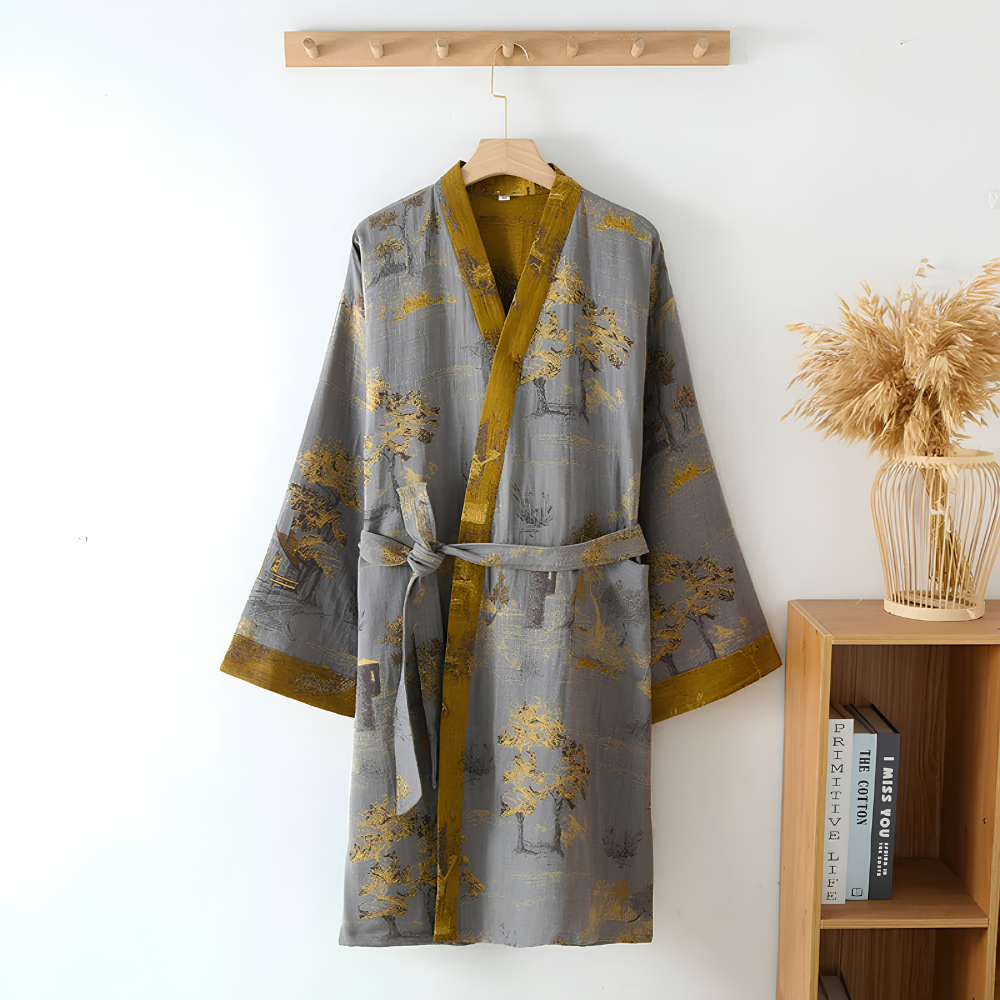 Atmungsaktiver Kimono - Dünner Baumwoll Bademantel mit Gürtel & V-Ausschnitt