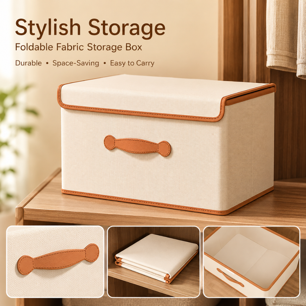 Faltbare Aufbewahrungsbox mit Deckel & Ledergriffen – Stoffbox aus Oxford, Stapelbar