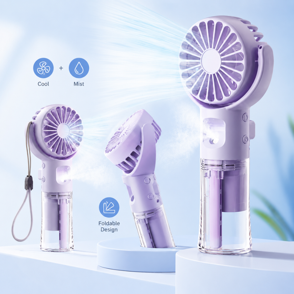 Tragbarer Handventilator mit Wasserspray und drehbarem Kopf – USB-aufladbarer Mini-Nebelventilator mit 4 Geschwindigkeitsstufen für Sommer, Reisen & Outdoor