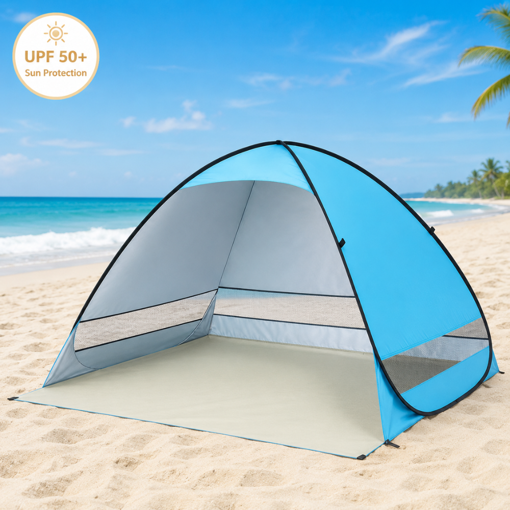 Pop Up Strandmuschel Blau 200 x 165 x 130 cm UPF50+ Strandzelt aus Polyester für Strand Camping