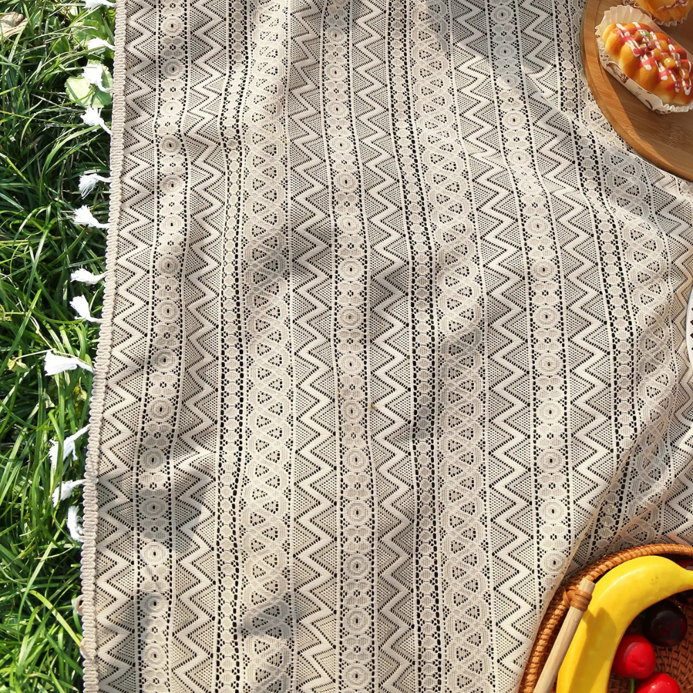 Boho Picknickdecke Beige mit Fransen – waschbare Decke bis XXL für Picknick, Strand, Garten & Esstisch