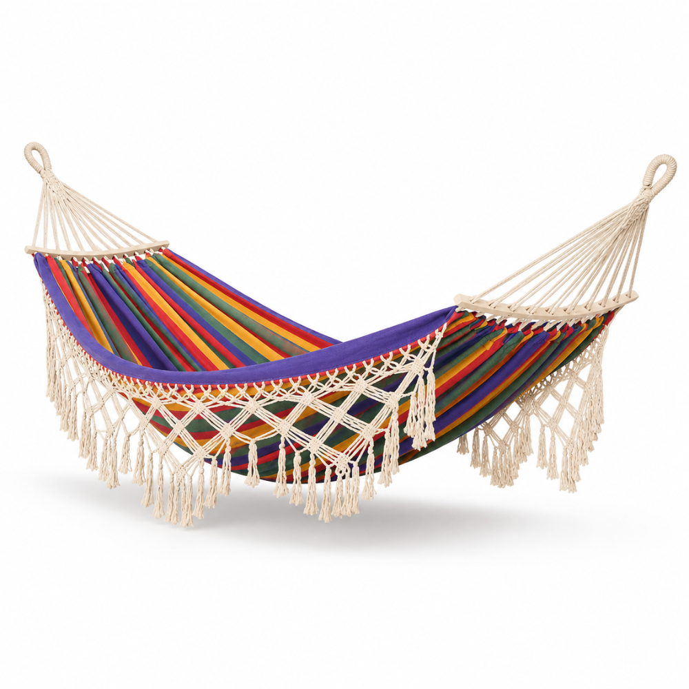 Bohemian Baumwoll Hängematte - Bunte Streifen mit Pompons für Garten und Innenräume