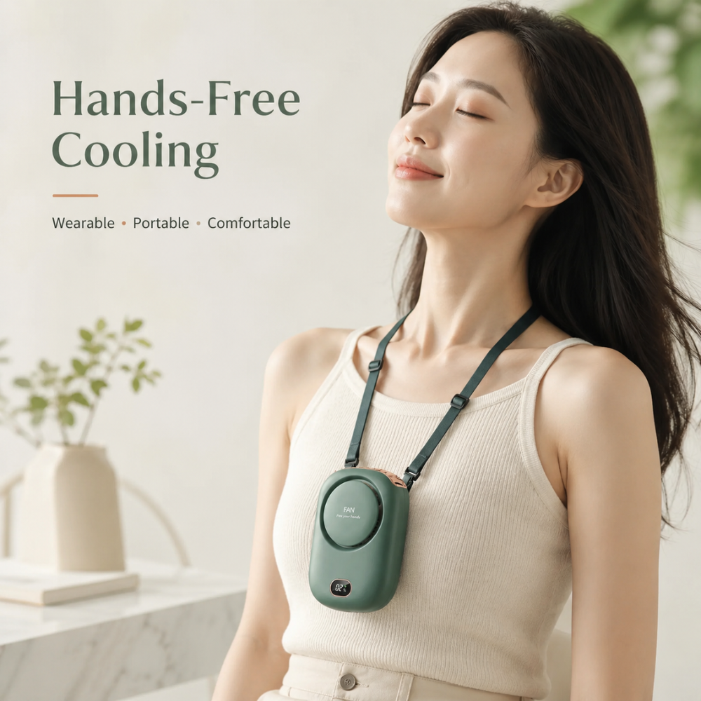 Tragbarer Halsventilator mit Display – USB-aufladbarer Mini-Ventilator mit 3 Geschwindigkeitsstufen und Trageband für Reisen & Outdoor