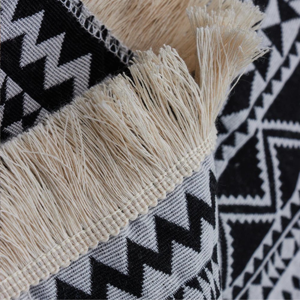 Boho Picknickdecke Outdoor Gewebte Stranddecke Schwarz Weiß mit Streifenmuster für Camping Garten Reise