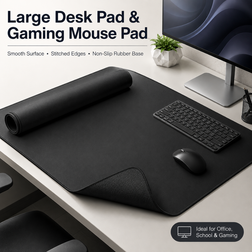 Große schwarze Schreibtischunterlage & Gaming-Mauspad | Rutschfeste Gummi-Matte mit genähter Kante für Büro, Schule & Gaming