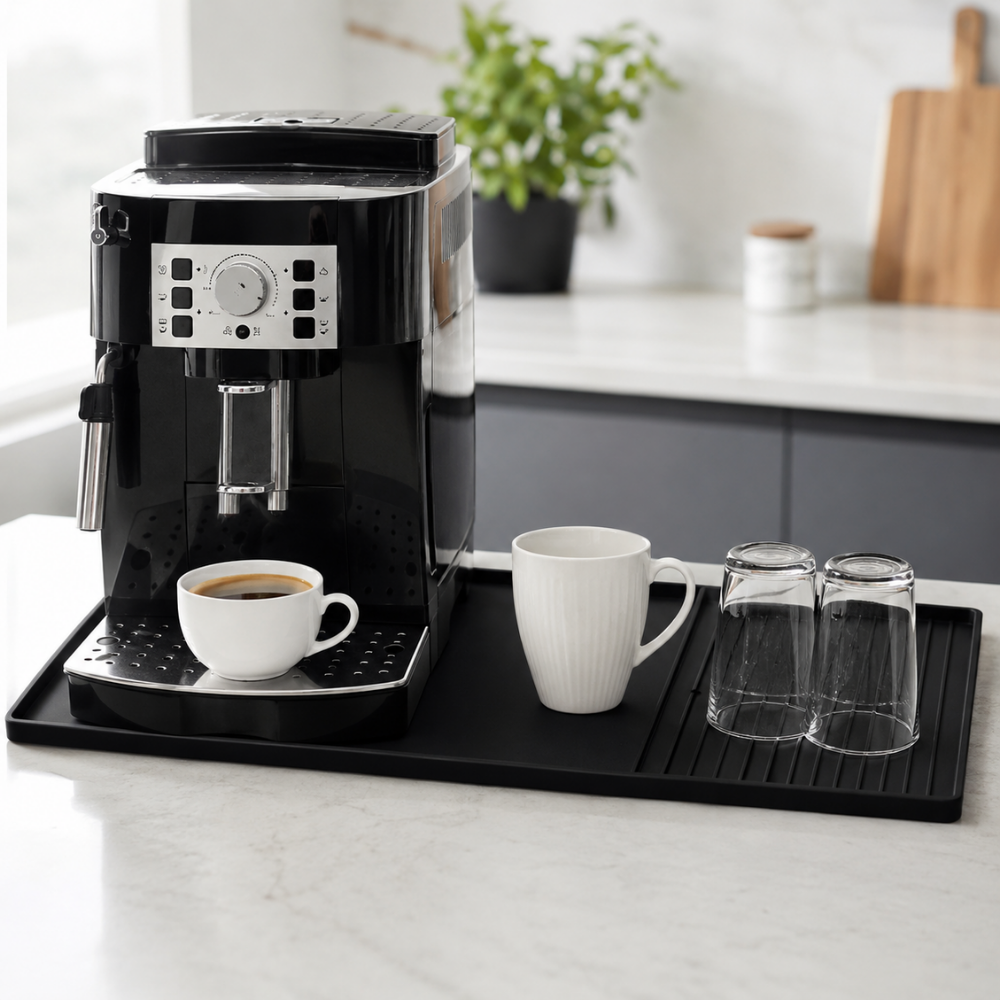 2-in-1 Kaffeemaschinen Unterlage aus Silikon – Abtropfmatte & Arbeitsplattenschutz für Kaffeevollautomat, Siebträger & Küche