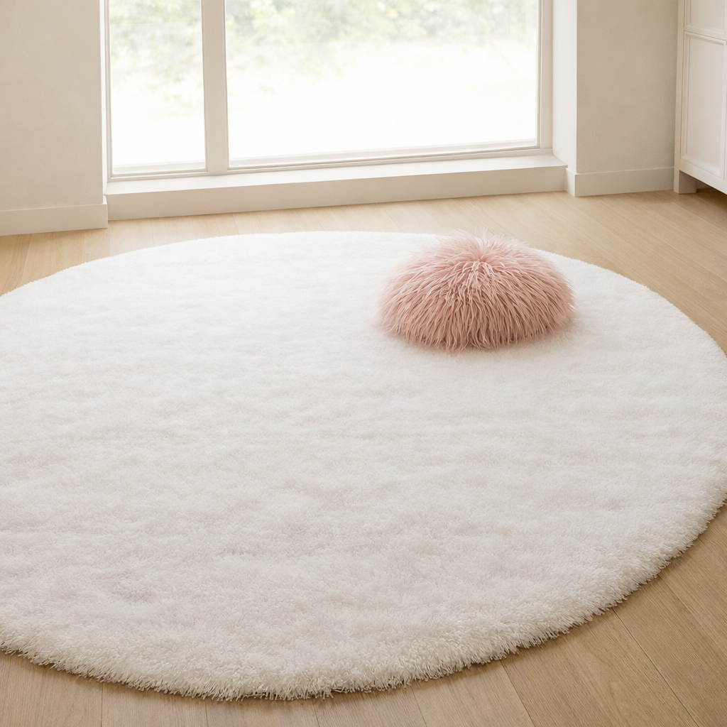 Runder Hochflor-Teppich in einem hellen Wohnraum, Produktfoto