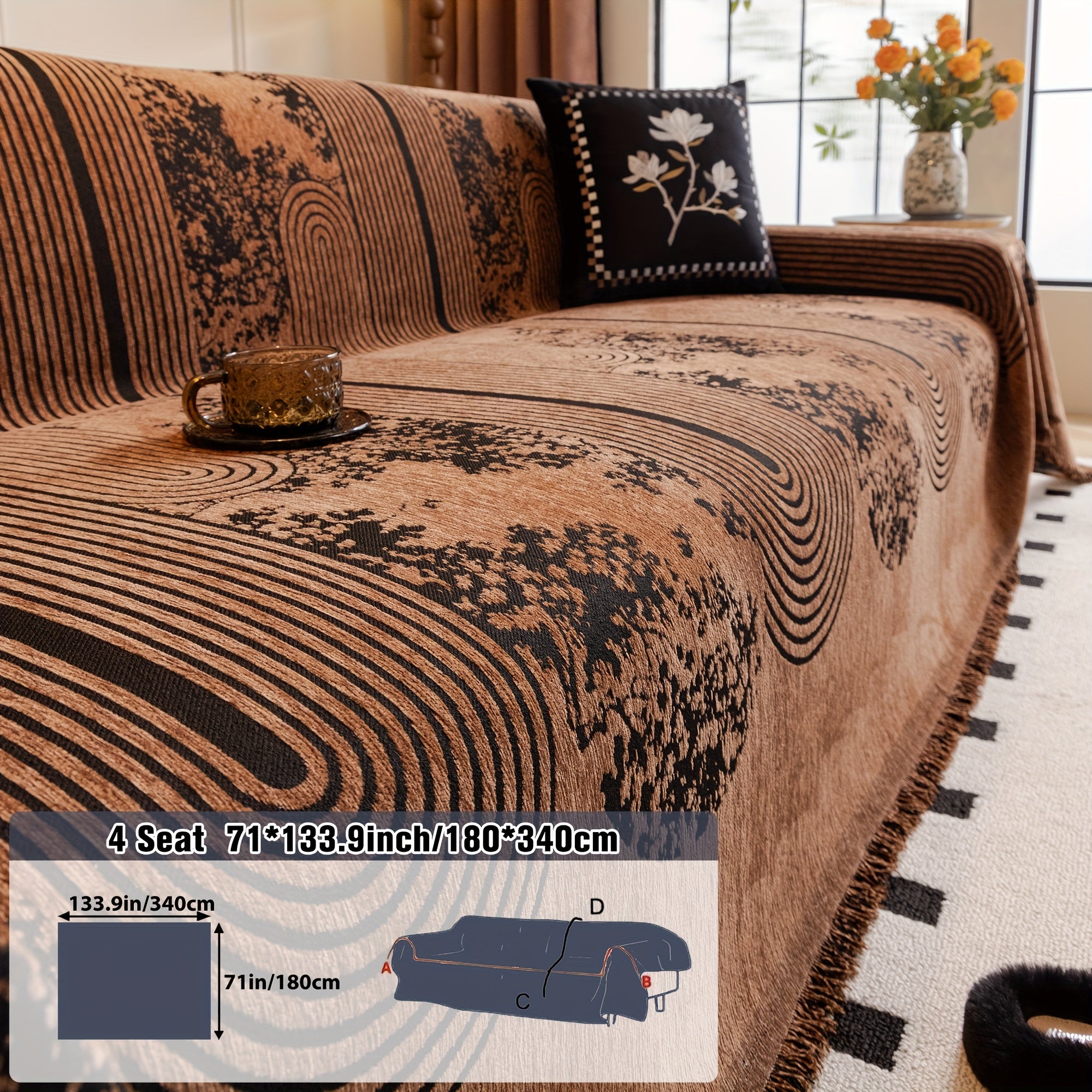 Chenille Sofabezug Rutschfest – Couchdecke mit Fransen & Abstraktem Muster für Sofa, Couch & Wohnzimmer