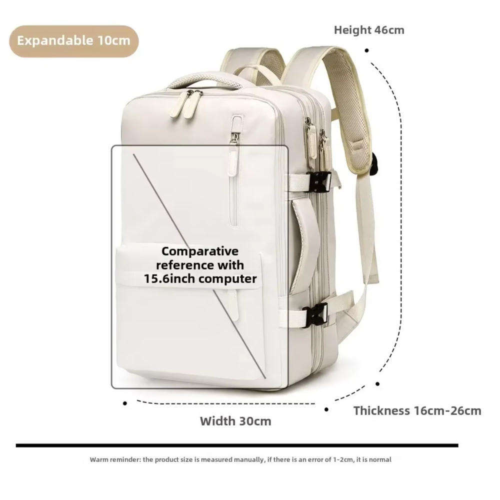 Erweiterbarer Handgepäck-Rucksack 46 × 30 × 16–26 cm – Wasserabweisender Laptop-Reiserucksack mit vielen Fächern